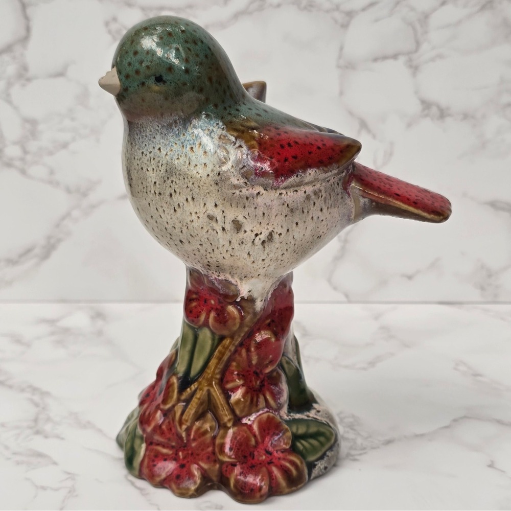 Vintage Ceramic Bird Figurine Perched on Flower Stump Hand Painted Glazed